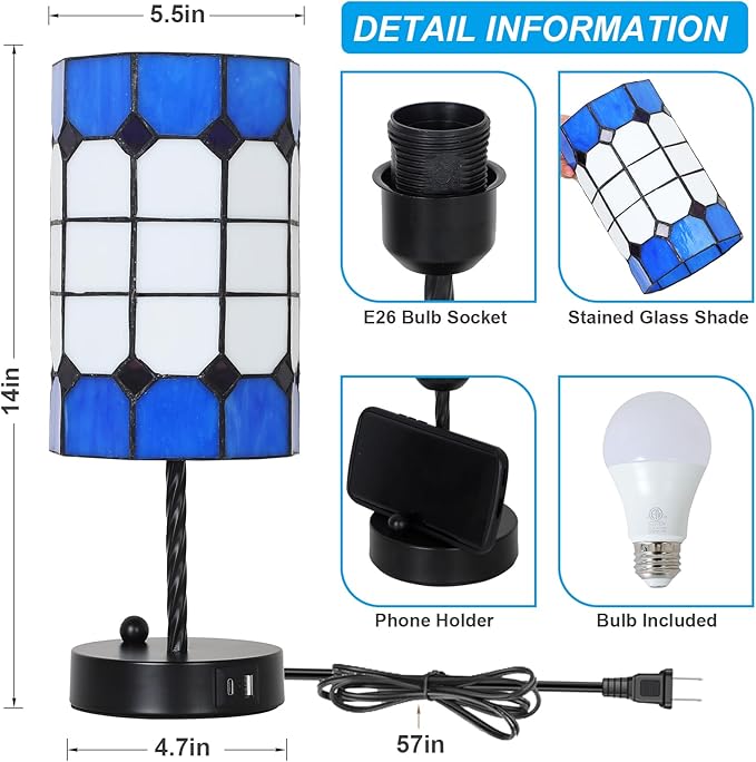 Stained Glass Table Lamp with USB Port, 3 Way Dimmable Touch Control Tiffany Desk Lamp with Bulbs, Vintage Lamp for Nightstand, Mid-century Small Bedside Lamp For Bedroom Living Room Office Nursery