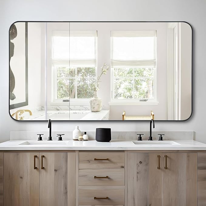 FORBATH Bathroom Mirror 30" X 60"，Large Rectangular Wall Mirror, Black Metal Framed Rounded Corner Wall Mounted Mirror for Bathroom Bedroom Entryway Decor(Horizontal/Vertical)