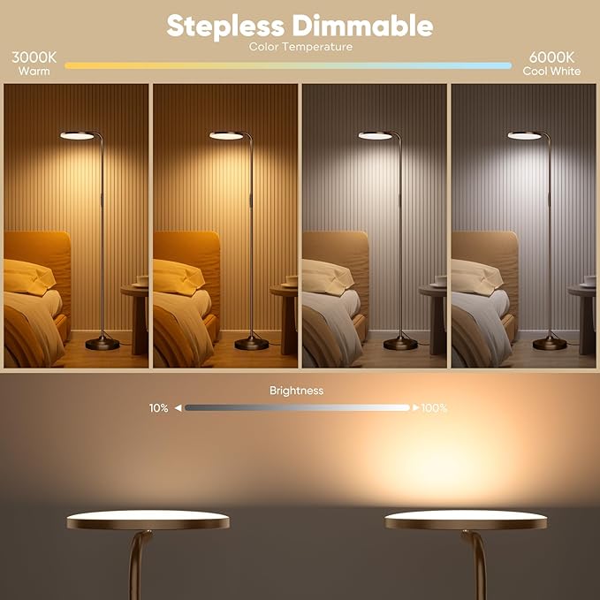 36W LED Floor Lamp, Super Bright Standing Lamp, Modern Stepless Dimmable Torchiere Tall Lamp with Remote Control, 350°Rotating Head Reading Floor Lamp for Living Room, Bedroom, Office - Brown