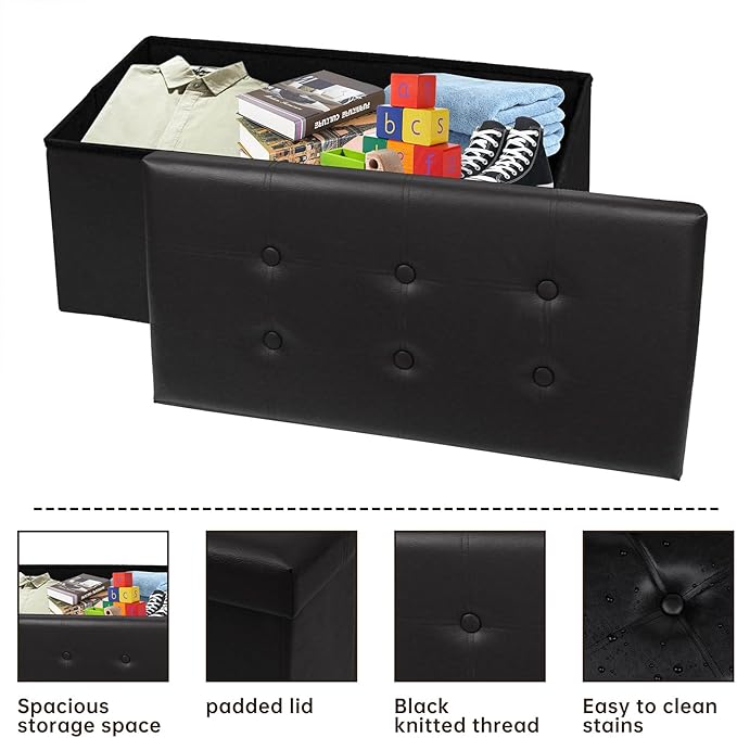 30 Inches Folding Storage Ottoman Bench, Faux Leather Footstool Ottoman, Storage Trunk Footrest for Bedroom, Living Room and Hallway, Support 350lbs, Black（Black line）