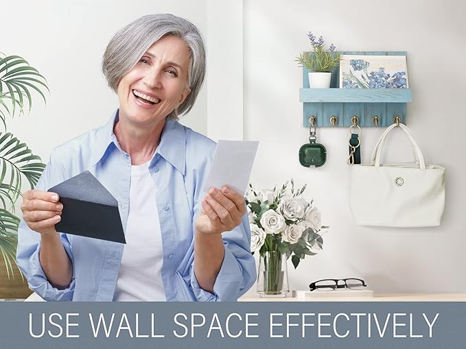 Rebee Vision Decorative Key Holder for Wall - Farmhouse Mail Organizer and Key Hanger Wall Mount for Floating Shelf with Hooks - Mid Century Home Decor Aesthetic (Distressed Blue)