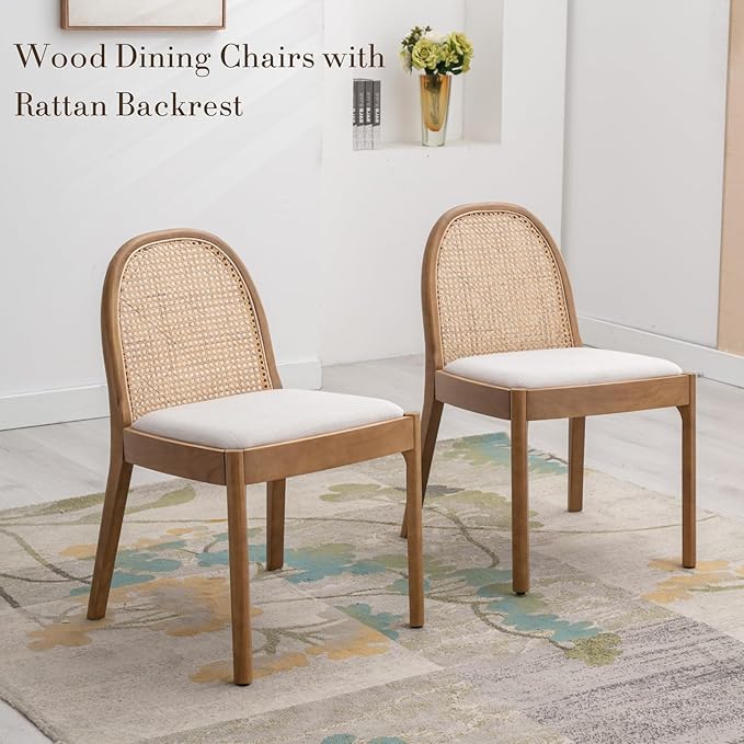 HEAH-YO Rattan Dining Chairs Set of 4, Upholstered Linen Dining Room Chairs with Backrests, Modern Kitchen Chairs with Wood Legs for Dining Room, Beige