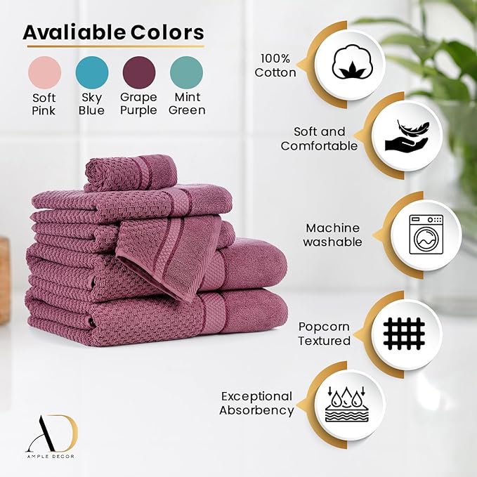 Ample Decor 100% Cotton 18 Pcs Bathroom Towel Set, Luxury Bath Towels for Bathroom - 4 Bath Towels, 4 Hand Towels, 10 Washcloths - Grape Purple