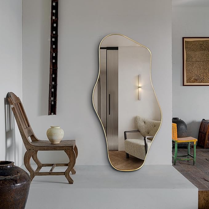 Irregular Wall Mirror, 47"x25" Large Asymmetrical Mirrors with Gold Metal Frame, Cloud Shaped Mirror, Modern Abstract Mirrors for Living Room Bathroom Bedroom Hallway Entryway Fireplace