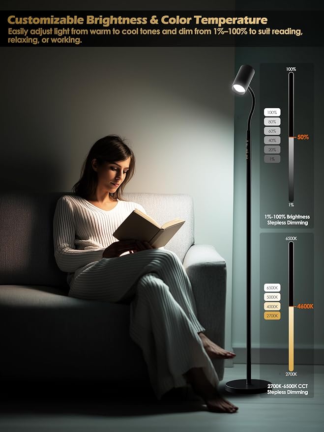 Dual-Side Floor Lamp for Living Room, 17W Tall Standing LED Lamp with Remote, 5 Color Temps & RGB Ambient Modes, Dimmable Reading Lamp with Gooseneck, Modern Black Corner Lamp for Bedroom Home Office