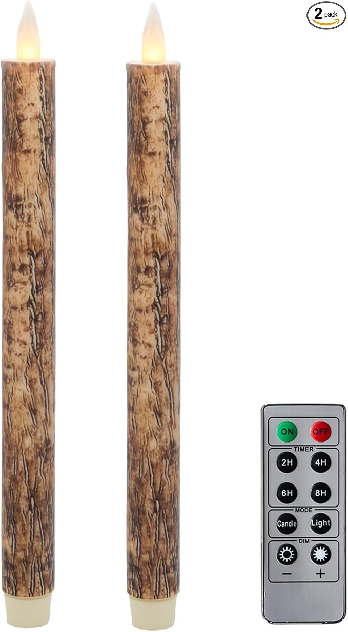 Flameless Taper Candles Flickering with Remote and Timer, 3D Moving Flame Taper Candle Battery Operated to 400 Hours, 9 Inch Window Candles, (Bark)