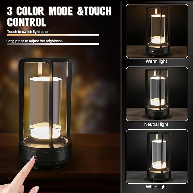 Portable Metal Table Lamp,Cordless Table Lamp, Rechargeable Battery Operated Lights, LED Table Lamps, 3 Color Stepless Dimming Touch, for Bedroom Restaurant Home Outdoor (Black)