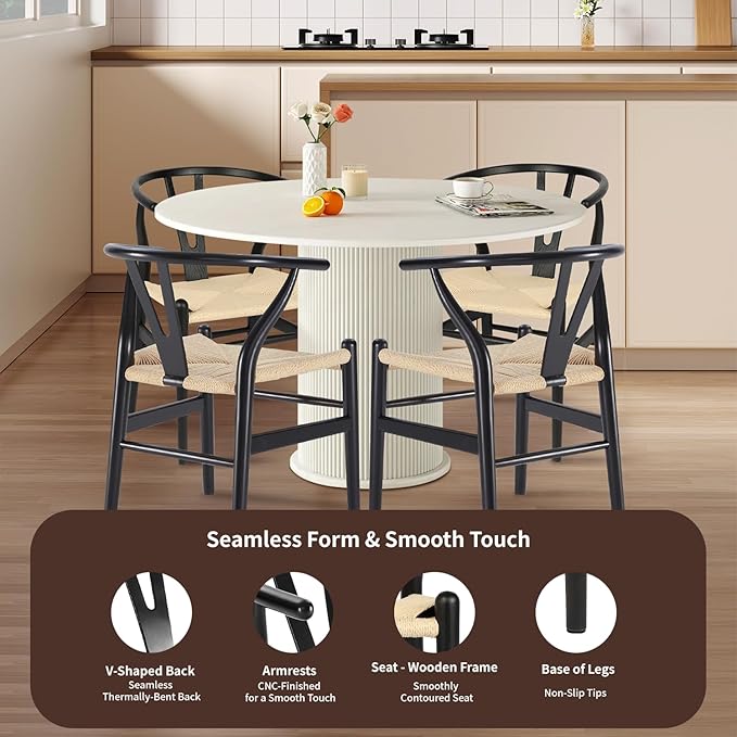 Tomile Wishbone Chair Y Chair, Wooden Dining Chairs Set of 4, Mid Century Modern Chairs with Arms, Solid Wood Weave Seat Kitchen & Dining Room Chairs (Ash Wood-Black Frame + Natural Cord)
