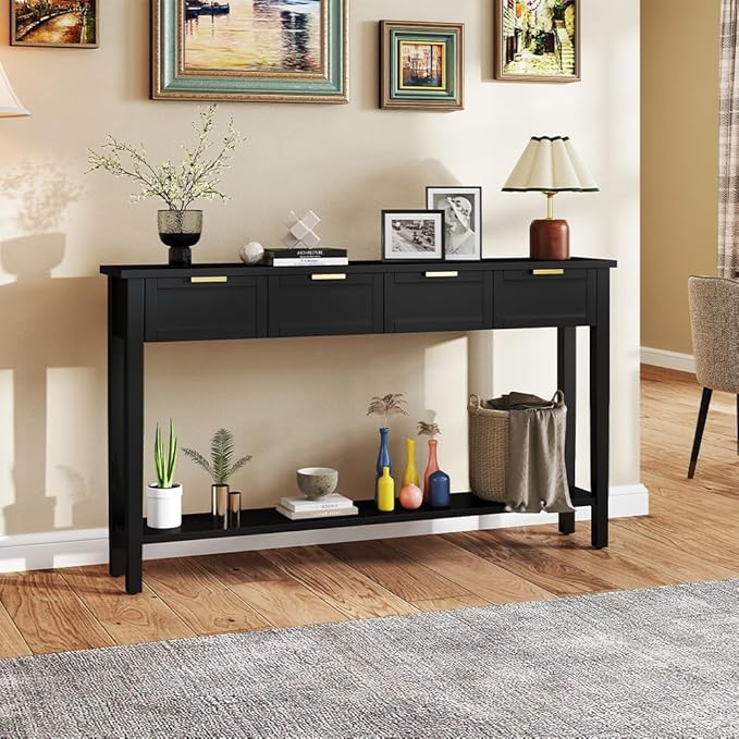 Console Tables for Entryway, 60 Inch Sofa Table w/4 Drawers and Bottom Shelf Narrow Long Hallway Table for Living Room Entryway Home, Black