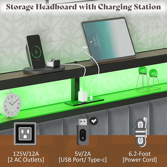 King Bed Frame with LED Light and Charging Station, Velvet Upholstered Headboard with Storage Shelf, Heavy Duty Metal Slats/No Box Spring Needed/Easy Assembly, Grey