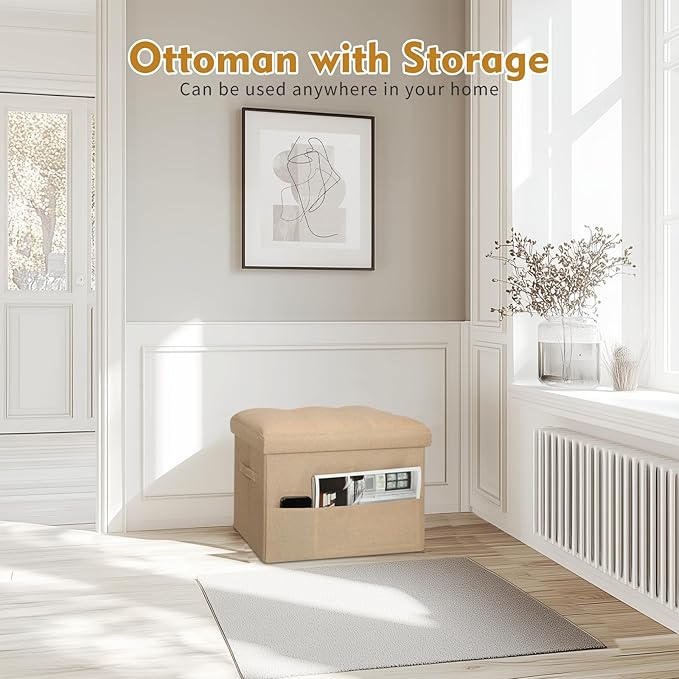Ottoman with Storage, Small Storage Ottoman Foot Rest with Thicker Foam Padded Seat. Foldable Linen Cloth Foot Stool for Living Room Bedroom, Holds Up to 300 lbs, 17x13x13IN(Beige)