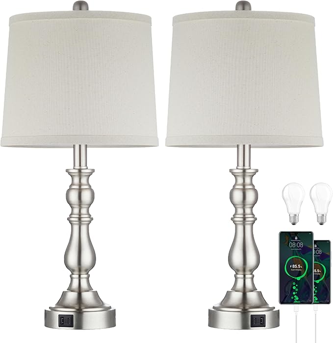 Farmhouse Side Table Lamps for Living Room Set of 2 with USB C+A Ports, Bedside Lamp for Bedroom, Dining Room Decor, Office, End Table, Knob Switch, 3 Color Temperatures, Bulb Included, Silver