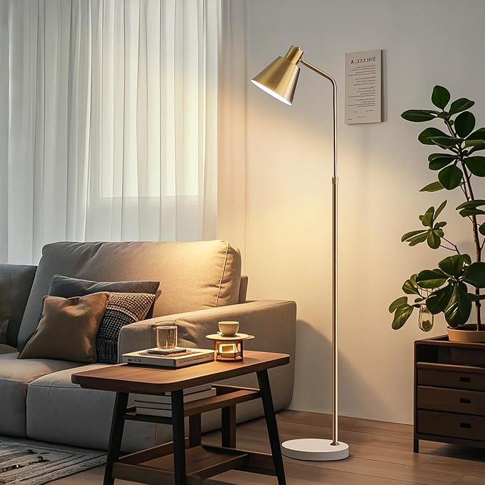 Gold Brass Industrial Floor Lamps with Bright 12W LED Bulb Adjustable 3 Colors, Living Room Sofa Corner Bedroom Bedside Office Study Reading Standing Tall Lights, Unique Modern Home Decor Essentials