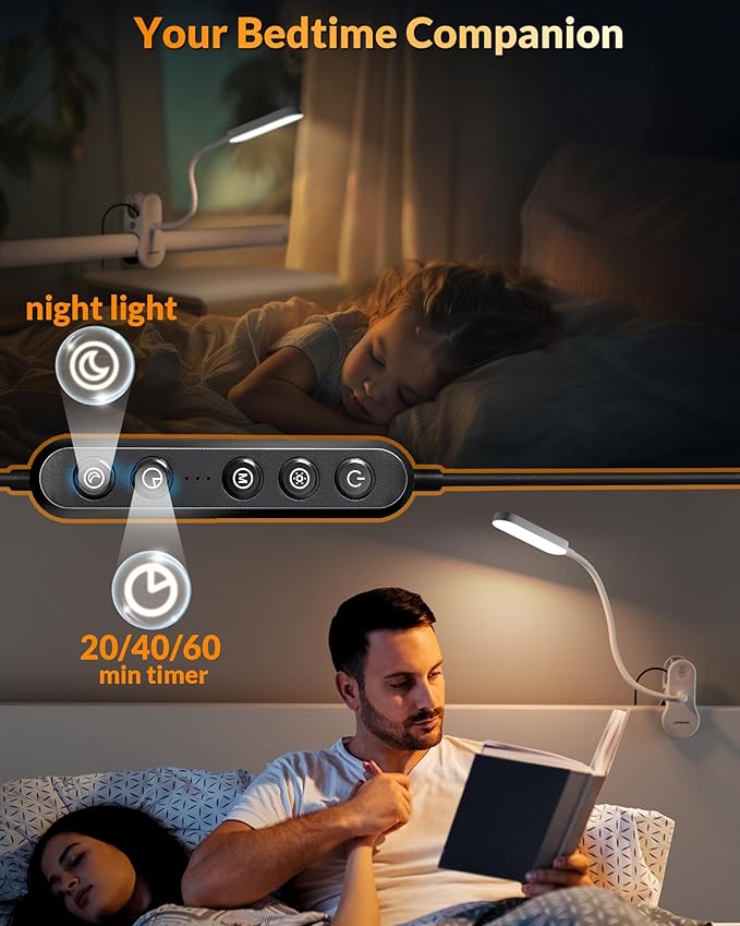 LEPOWER Clip on Light, 60 LED Reading Lights for Books in Bed, with 25+ Lighting Options, 3 Timer, Night Light Function, Eye-Caring Book Light for Reading in Bed, Headboard, Bedroom, White