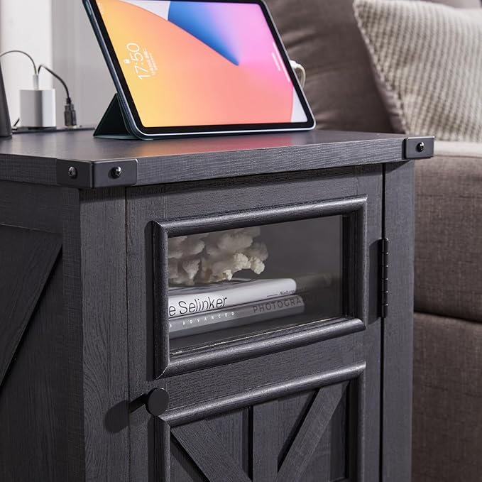ACCOHOHO Farmhouse End Table with Charging Station,18'' Sofa Side Table,Nightstand with Barn Door,Bedside Table with Adjustable Shelf for Living Room, Bedroom, Office (Black)