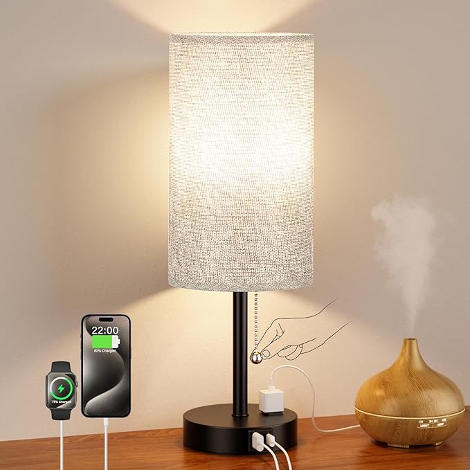 17.4Inches Grey Bedside Lamp for Bedroom Nightstand - Tall Table Lamp with USB A + C Charging Port & AC Outlet, 3 Color Temperatures Pull Chain Light, Side Table Desk Reading Lamp for Living Room