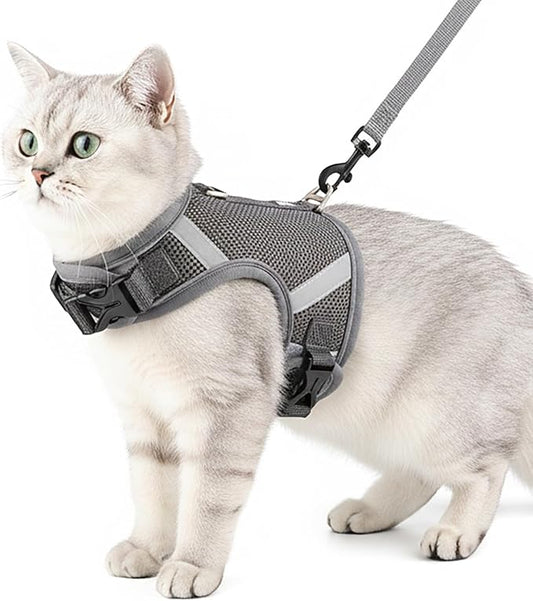 Cat Harness and Leash Escape Proof Kitten Harness Cat Leash for Walking Travel Service Cat Vest, Grey, X-Large
