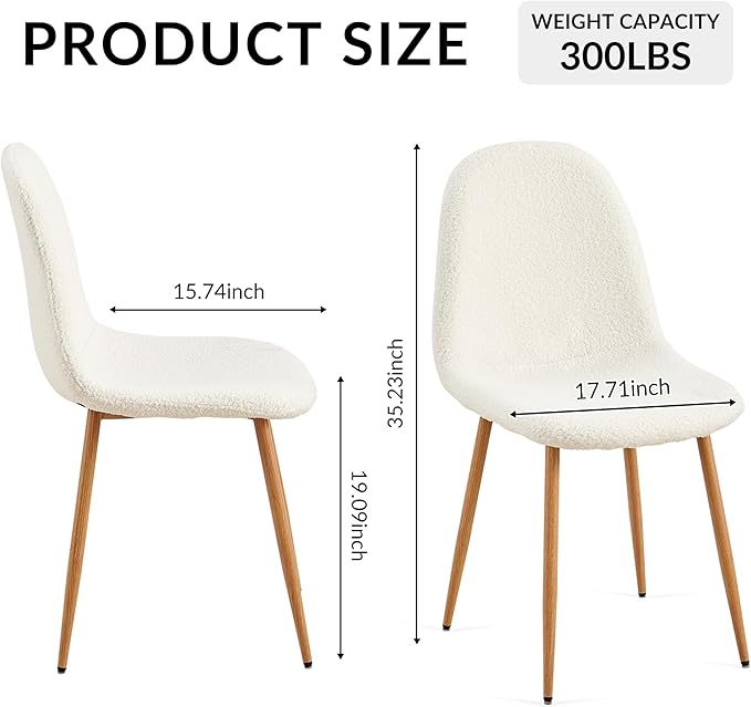Howtek Mid-Century Modern Dining Chairs Set of 4, Plush White Teddy Fleece Upholstered Kitchen Side Chairs with Backrest & Metal Legs for Dining Room, Living Room, Apartment