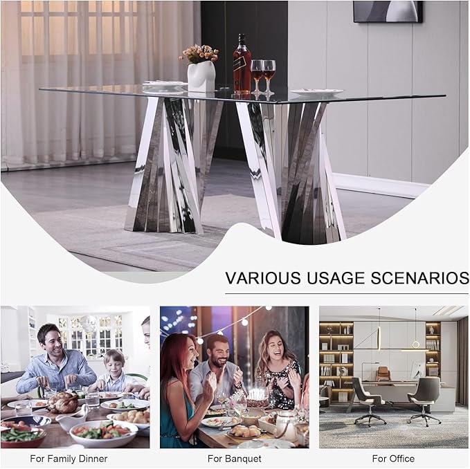 Dining Table for 4-8, 78“ Modern Falcone Kitchen and Dining Table with Tempered Glass Top, Silver Dinner Table for Dining Room, Kitchen, Party