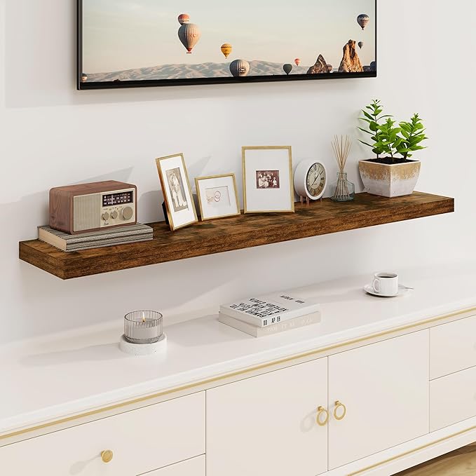 Fun Memories Floating Shelves 55 Inch Long, 8 Deep Floating Shelves for Wall, Large 55 x 8 Display Shelves for Living Room, Kitchen, Wood Deep Wall Shelves for Home Storage, Rustic Brown, 1 Pack