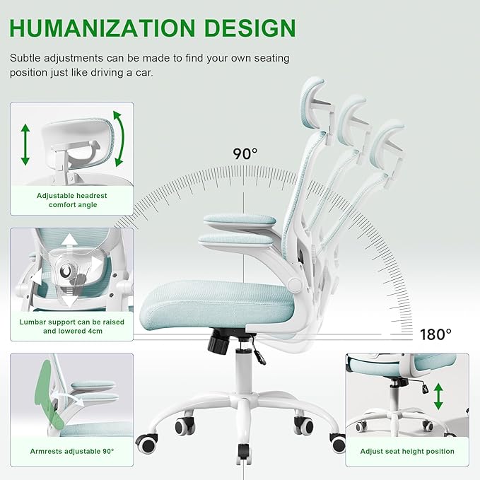 Office Computer Desk Chair - Lumbar Support and Headrest, Ergonomic Mesh Back Swivel Task Chair,Flip-Up Arms for Desk Work, 90-120° Tilt Rolling Chair for Home Office(White-Blue6076)