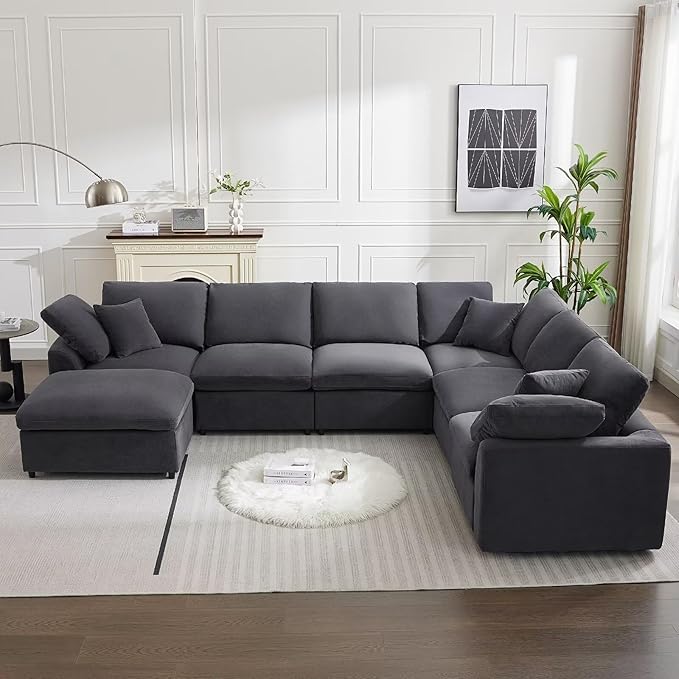 Modular Sectional Sofa Modern Oversized Chenille Cloud Couch with Movable Ottoman 7 Seater L-Shaped Sofas Comfy Couches for Living Room Spacious Space Office Lounge, Dark Grey