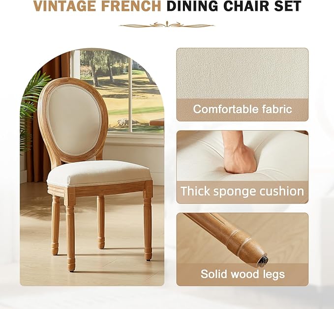 Nrizc French Country Dining Chairs Set of 2, Vintage Farmhouse Dining Chairs with Round Back, Solid Wood Dining Room Chairs, for Kitchen, Bedroom, Dining Room