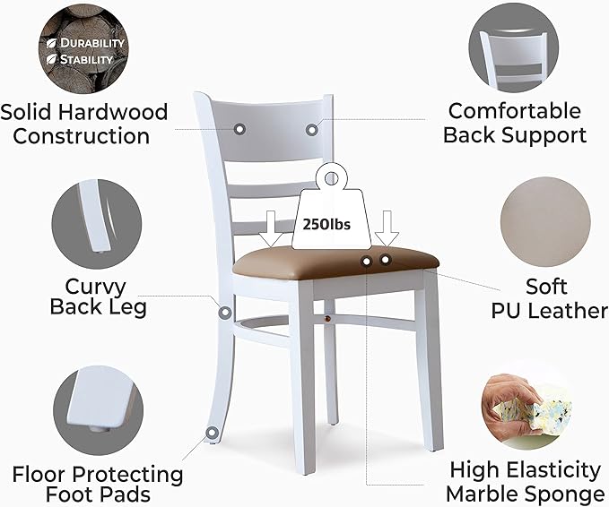 Livinia Cabin Dining Chair Set of 2, Solid Malaysian Oak PU Leather Upholstered Cushion Seat Wooden Ladder Back Side Chairs (White) Assembly Required