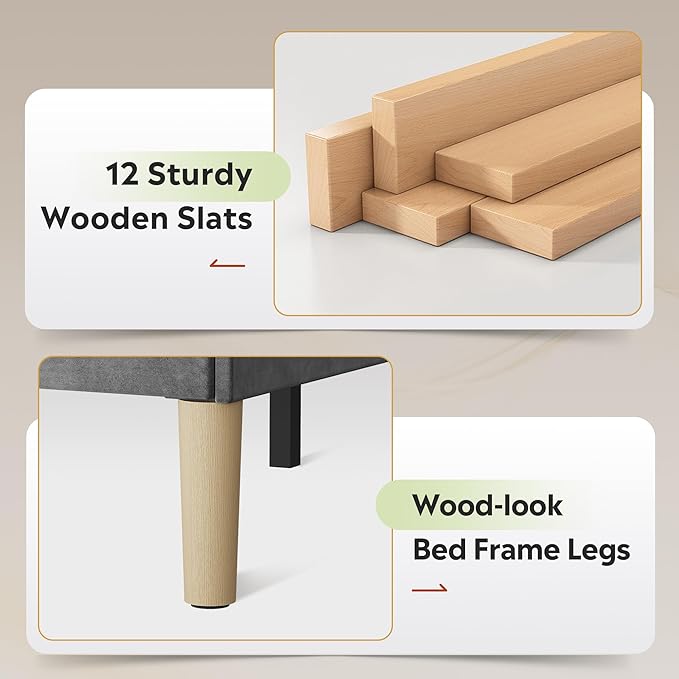 WLIVE Full Size Upholstered Bed Frame with Storage Headboard, Velvet Square Tufted Platform Bed with Charging Station, Sturdy Metal & Wooden Slats Support, No Box Spring Needed, Grey