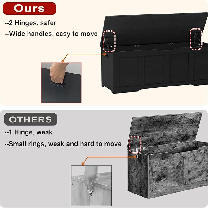 47.2" Storage Chest, Extra Large Storage Trunk with 2 Safety Hinges, Wooden Storage Bench, Shoe Bench, Entryway Bench for Living Room, Bedroom, Black