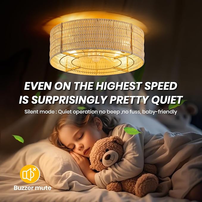 Boho Ceiling Fan with Light, Rattan Fandelier Flush Mount with Remote, Reversible Motor, Enclosed Low Profile Wicker Cage,Farmhouse Caged Ceiling Fans for Bedroom, Living Room, Kitchen