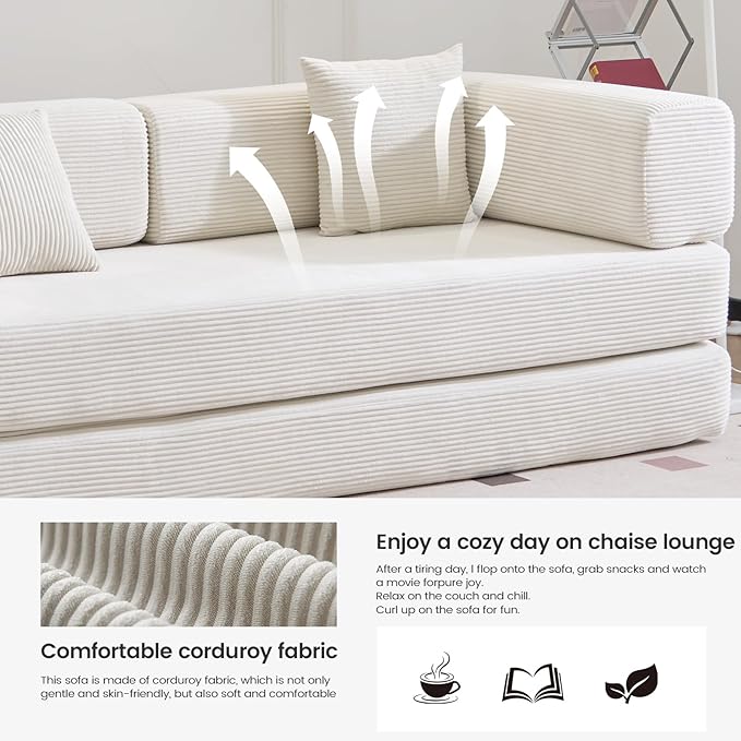 Folding Sofa Bed Convertable Corduroy Couch King Size Floor Sleeper 4-in-1 DIY Combination Modular Sofa Fold Out Futon Lounge Comfy Foldable Lazy cama for Living Room (Beige, 80.15'')