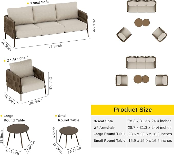 EAST OAK Life Chatter Patio Furniture Set 5 Pieces, Outdoor Furniture 5-Seat Sofa with Two Round Coffee Table, Waterproof Thick Cushion Deep Seating for Porch, Balcony, Chestnut Brown & Creamy Apricot