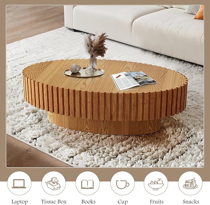 Fluted Coffee Table 43.3" Oval Wooden Coffee Tables Modern Handcraft Drum Coffee Table with Solid Wood Relief Sturdy Pedestal Accent Table for Living Room Home Office,Wood Color