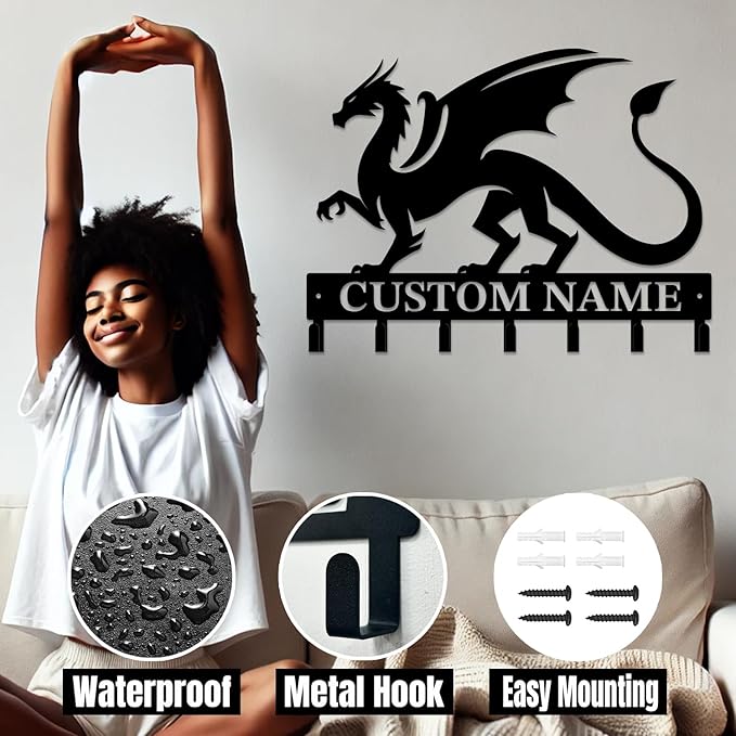 Personalized Evil Dragons Keys Hooks,Custom Name Metal Dragons Art Keys Hooks,Metal Dragons Lover Wall Home Storage Decorative Keys Hooks,Key Holder Hooks for Wall (Style E)