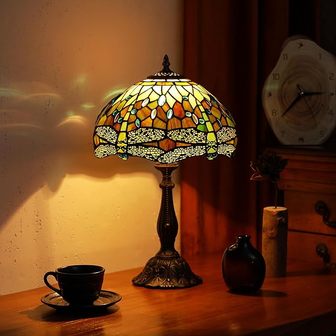 Tiffany Lamps White Brown Dragonfly Style Stained Glass Table Lamp Desk Bedside Reading Light 12X12X18.5 Inches with Bronze Resin Base Applicable to Bedroom Living Room Office