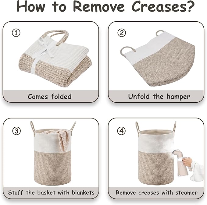 VIPOSCO Large Laundry Hamper, Tall Woven Rope Storage Basket for Blanket, Toys, Dirty Clothes in Living Room, Bathroom, Bedroom - 53L White & Brown