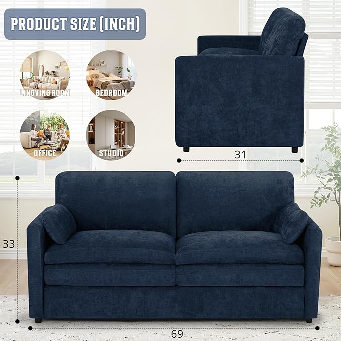 69" Chenille Modern Couch with Cozy & Soft Backrests, 2 Seats Sofa with 2 Extra Pillows, Comfy Upholstered Sofa with Thicker Cushions for Living Room, Office, Blue