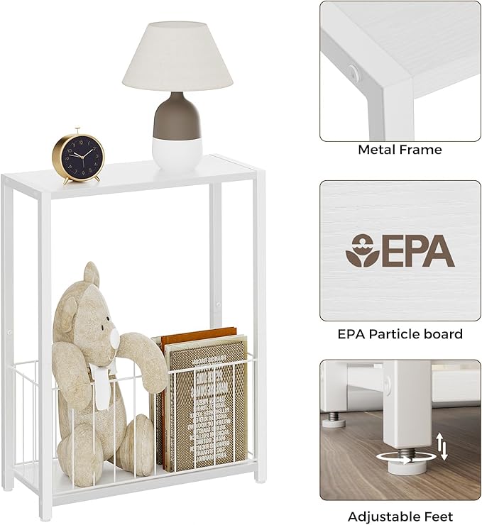 Narrow Side Tables Set of 2 with Magazine Holder, Skinny End Tables Perfect for Small Spaces, Space-Saving Design for Living Room, Bedroom, or Office, 7.1" D x 16.9" W x 23.6" H, White