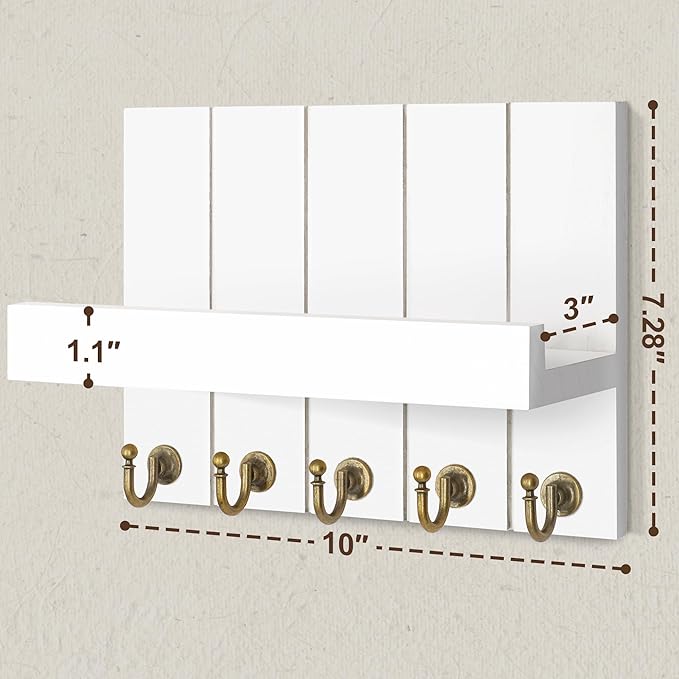 Rebee Vision Key Holder for Wall - Decorative Mail Organizer Wall Mount with 5 Key Hooks for Modern Farmhouse Apartment Essentials - Home Decor for Living Room (Rustic White, 3.54"D x 10"W x 7.28"H)