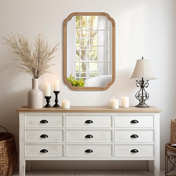 WallBeyond 20" x 30" Rounded Corner Arch Wall Mirror with Wood Frame for Entryway, Living Room or Bedroom Home Decor - Light Woodgrain [20" x 30" Honey-Colored]