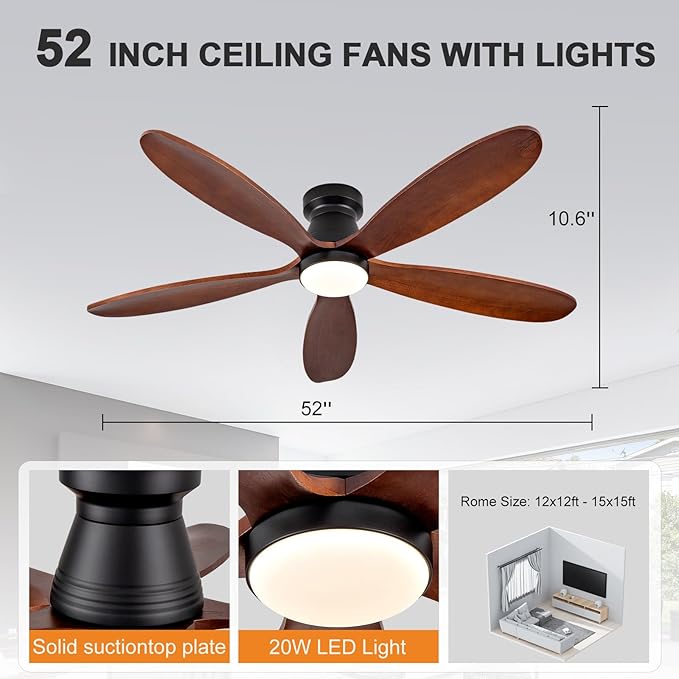 52 Inch Ceiling Fans with Lights and Remote, Low Profile Flush Mount Modern Wood Ceiling Fan with Light, 5 Blades, Dimmable, Wall Switch, Indoor Outdoor Black Ceiling Fan for Bedroom