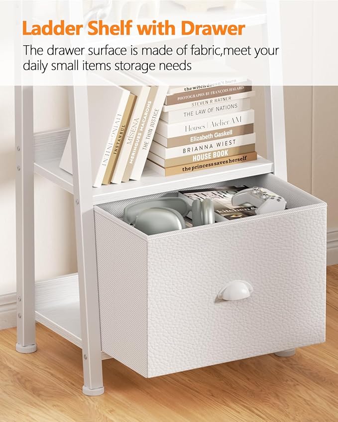 Furologee 6 Tier Ladder Shelf,Ladder Bookshelf with Drawer,Modern Tall Bookcase,Storage Rack Organizer,Wood Metal Freestanding Shelves for Living Room, Home Office, Bedroom, White