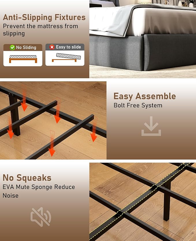 SADENICEL Queen Bed Frame with Storage Headboard, Metal Platform Bed Frame Queen Size with 4 Drawer, LED Light, Charging Station, No Box Spring Needed, Noise Free, Easy Assembly, Grey