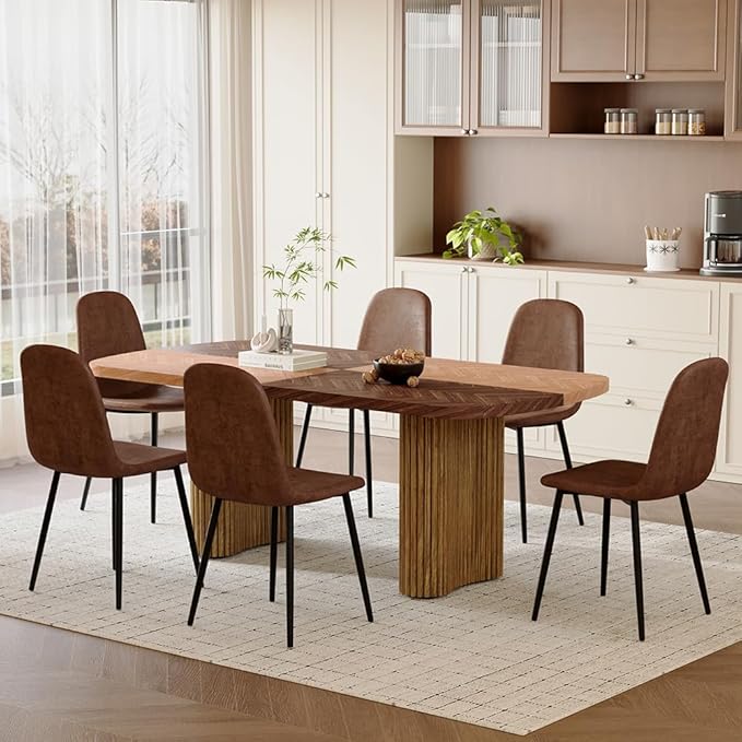 79" Large Dining Table Set for 6, Modern Farmhouse Dining Room Table Set with 1.7" Thick Two-Tone Wood Top, Sculpted Wave Legs & 6 Suede Upholstered Chairs, Wooden Kitchen Table Set for Living Room