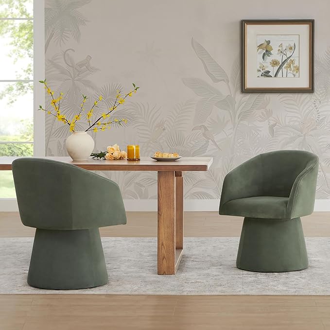 Swivel Dining Chairs Set of 1, Upholstered Mid Century Modern Deskchair with Barrel Back, Linen Fabric Kitchen Chairs for Dining Room, Bedroom, Dressing Room, Green