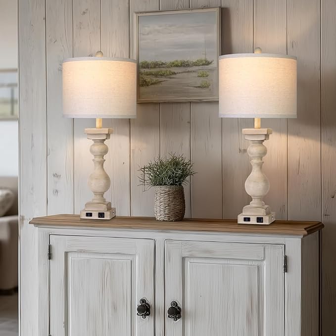 28" Tall Farmhouse Table Lamps Set of 2 with USB C+A Ports and AC Outlet, 3 Way Touch Tall Rustic Bedside Lamps for Living Room, Beige Vintage Lamps for Bedroom