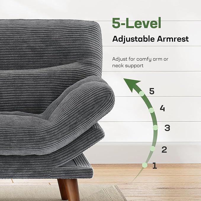 Marsail 75" Futon Sofa Bed, Futon Couch with Adjustable Backrest & Armrests, Convertible Sleeper Sofa Bed for Apartment, Living Room, Office, Corduroy Loveseat, Dark Grey