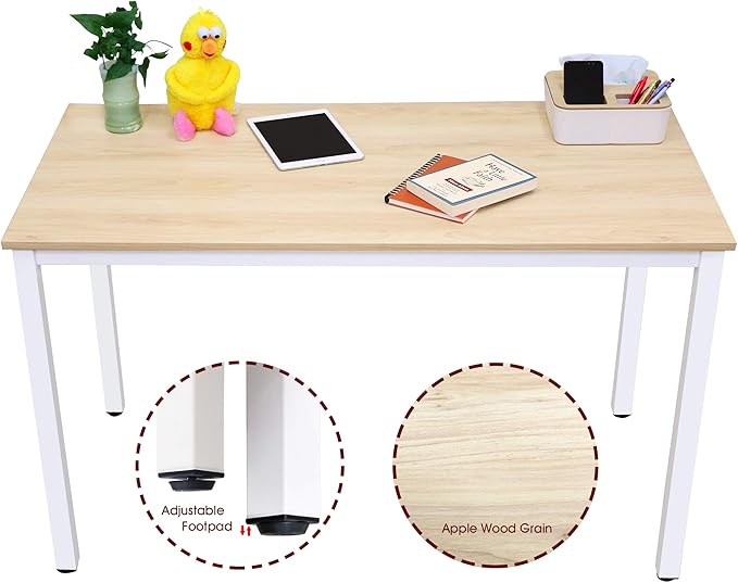 47 inch Large Computer Desk Wood, Modern Simple Style Desk for Home Office, Bedroom, Study Student Writing Desk, Small Spaces, White Metal Frame, Apple Wood Grain Top