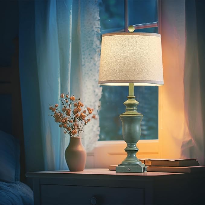 27.5" Set of 2 Farmhouse Table Lamps for Bedroom, 3 Way Dimmable Bedside Lamp with 2 USB +AC Outlet Nightstand Lamps for Living Room Resin Rustic Touch Lamps (Antique Green)